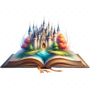 May include: An open book with a magical castle emerging from its pages. The castle is white with blue and green accents, surrounded by lush greenery and a flowing stream. The book has a brown leather cover and orange ribbon bookmarks.