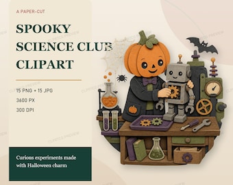 Halloween Science Clipart Bundle, 15 Papercut Spooky STEM PNGs for Teachers