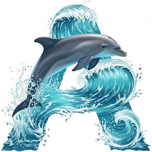 Letras de onda de golfinho A a J | 10 PNG de alta qualidade | Tema do oceano | Impressões digitais | Uso comercial