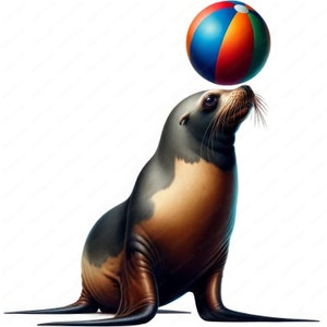 May include: A brown and grey sea lion sits on a white background, looking up at a colourful beach ball.