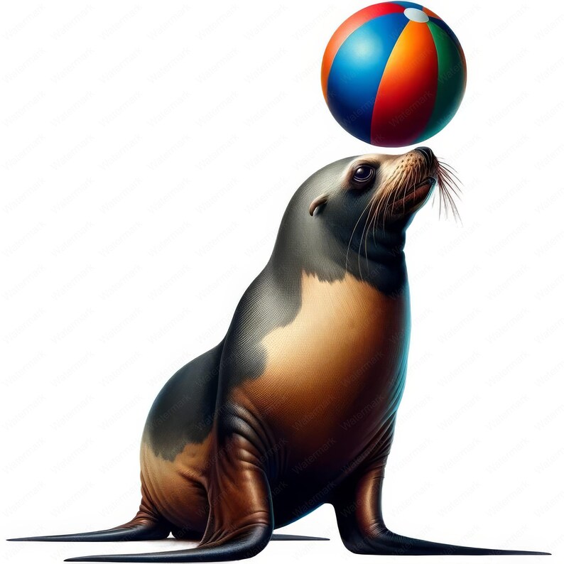 May include: A brown and grey sea lion sits on a white background, looking up at a colourful beach ball.
