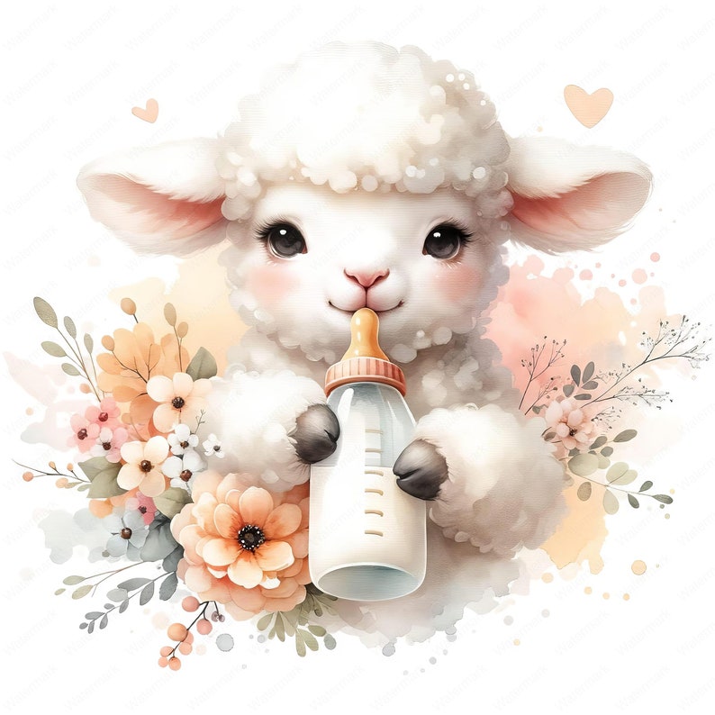May include: A cute white lamb with fluffy fur is drinking from a clear baby bottle with a yellow nipple. The lamb is surrounded by watercolor flowers in shades of pink, orange, and white.