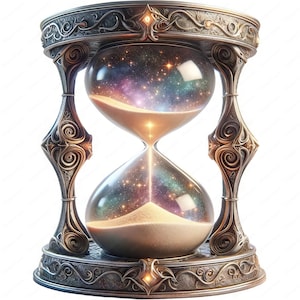 Puede incluir: Un reloj de arena adornado con un acabado plateado y dorado. La arena en su interior es una galaxia de colores que gira.