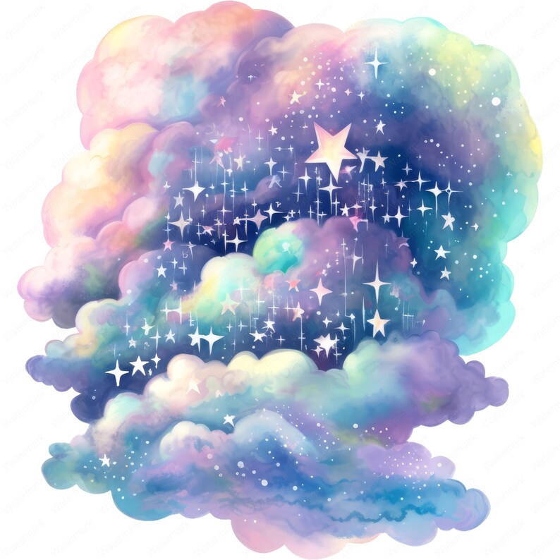 May include: Watercolor illustration of a dreamy cloudscape with pastel colors. The image features fluffy clouds in shades of pink, purple, blue, and yellow, with sparkling stars and a large star in the center. The artwork has a whimsical and ethereal feel.