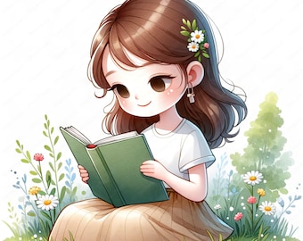 Reading Girl Clipart Bundle: Book Lover Art, Commercial Use (Digital Download)