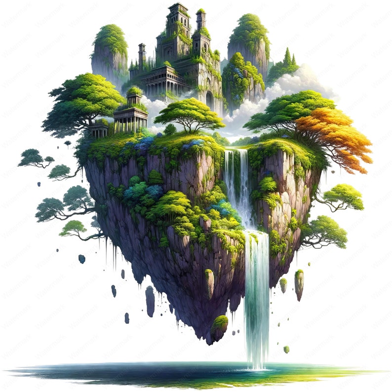 May include: A fantasy illustration of a floating island with a waterfall cascading down to a body of water. The island is covered in lush greenery and features a stone castle with towers and a bridge.