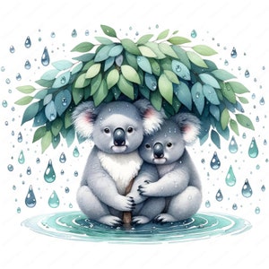 Pode incluir: Dois coalas cinzentos estão aninhados sob uma árvore verde e frondosa, com gotas de chuva azuis caindo ao redor deles. Os coalas estão olhando para o espectador, e a cena é pintada em estilo aquarela.