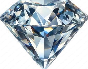 May include: A large, clear, faceted diamond with a brilliant, reflective surface.