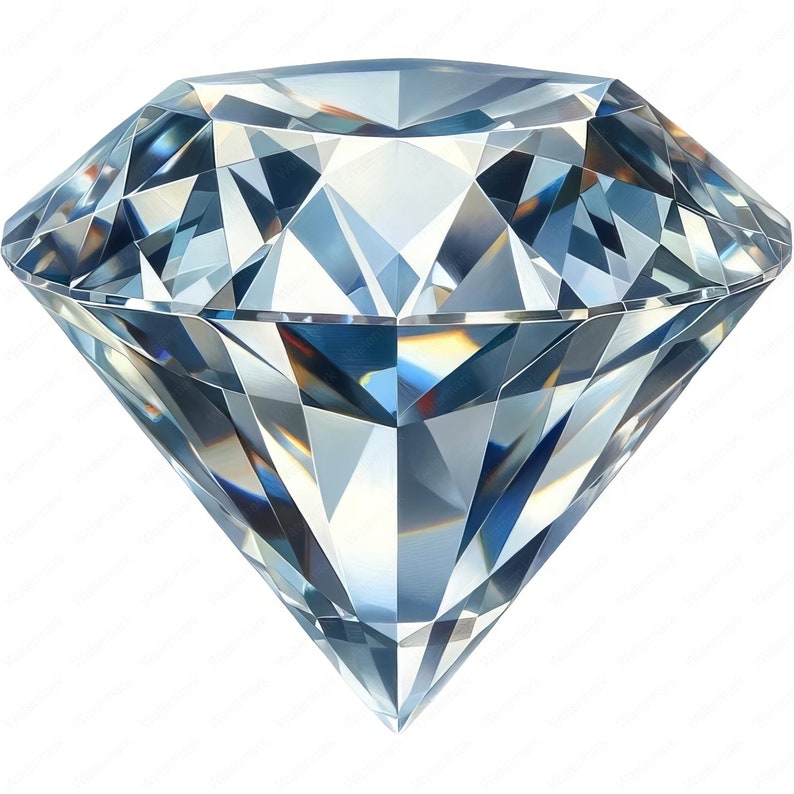 May include: A large, clear, faceted diamond with a brilliant, reflective surface.