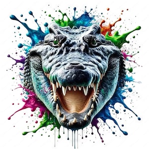 May include: A close-up of a crocodile's head with an open mouth, showing sharp teeth. The crocodile is surrounded by colorful paint splatters.