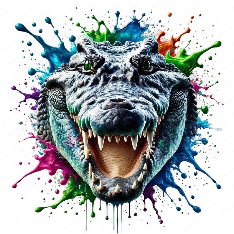 May include: A close-up of a crocodile's head with an open mouth, showing sharp teeth. The crocodile is surrounded by colorful paint splatters.