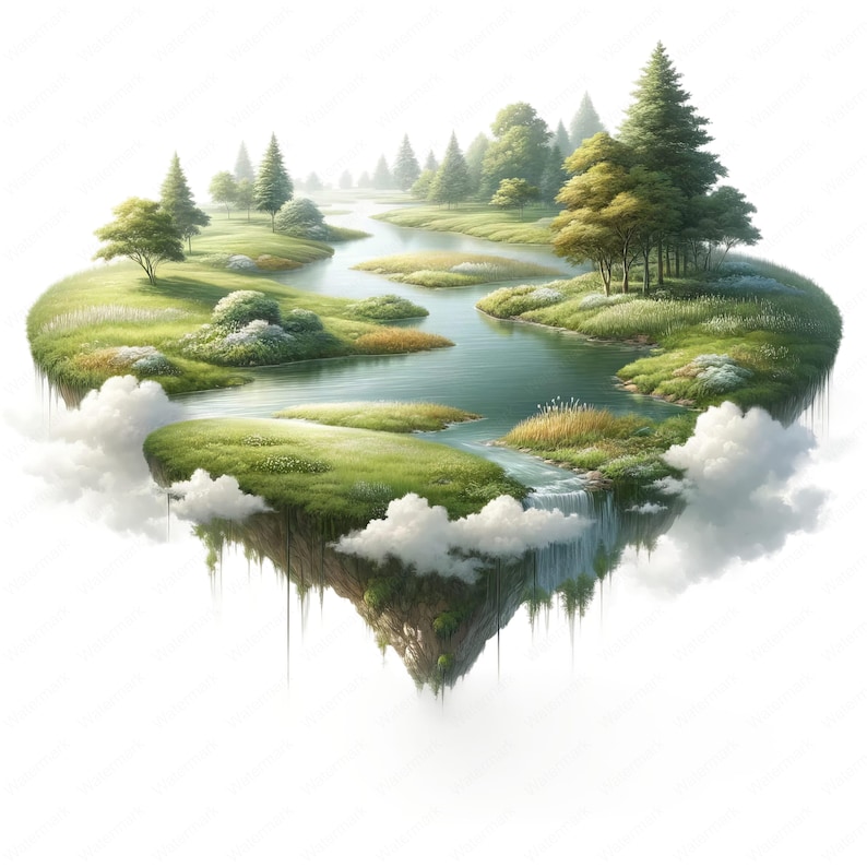 May include: A lush, green island floating in the clouds with a winding river flowing through it. The island is covered in trees, flowers, and grass, and there is a small waterfall at the edge of the island.