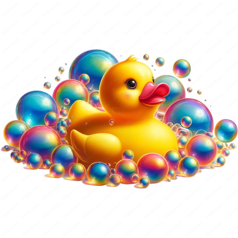 Puede incluir: Un pato de goma amarillo rodeado de burbujas de jab&oacute;n iridiscentes. El pato tiene un pico rojo y ojos negros.
