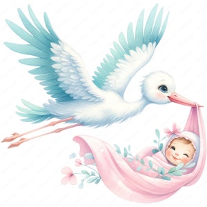 Clipart Bébé Cigogne | Charmant lot de cliparts bébé fille cigogne | 10 modèles de haute qualité | Art nouveau-né | Imprimables | Utilisation commerciale