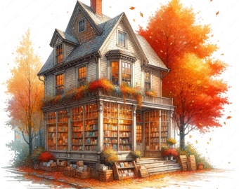 Cozy Fall Bookstore Clipart Bundle: Autumn Art Printables (Commercial Use) (Digital Download)