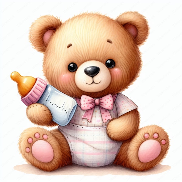 Teddy Bear with Baby Bottle Clipart | 10 High-Quality Images | Nursery Decor | Baby Shower | Digital Prints | Commercial Use