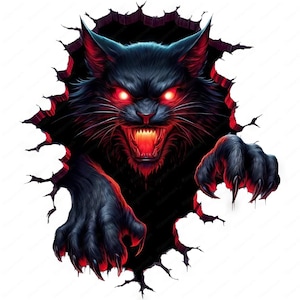 May include: A black cat with glowing red eyes and sharp claws bursts through a cracked wall, its mouth open in a menacing growl.