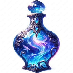 May include: A decorative glass bottle with an ornate silver design. The bottle is filled with a swirling blue liquid with a galaxy-like pattern and a small butterfly inside.
