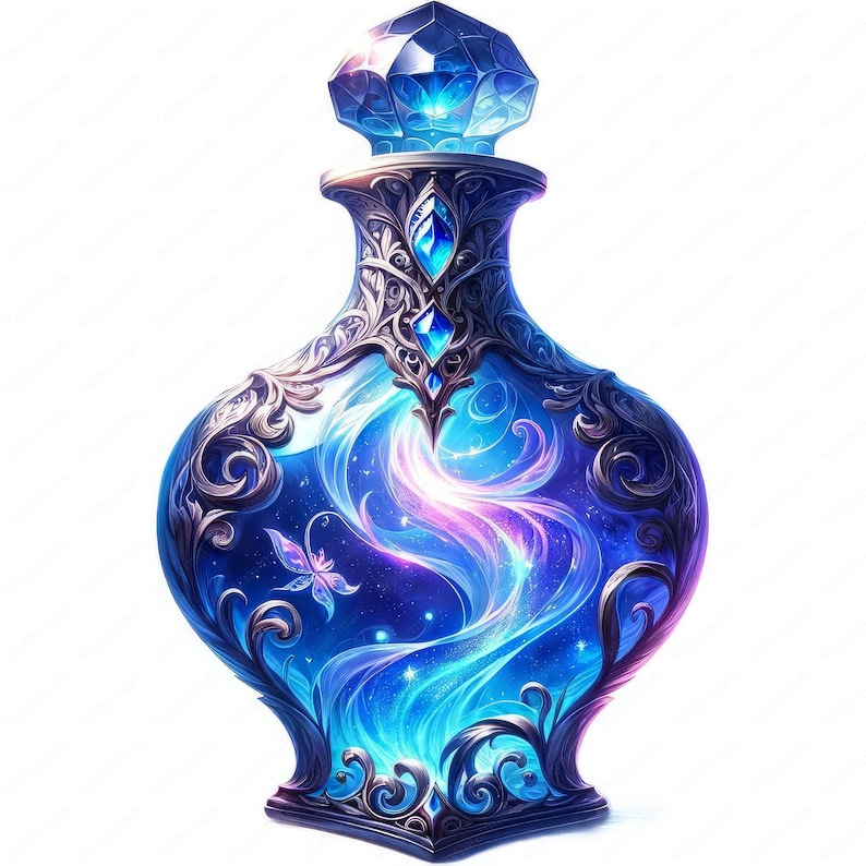 May include: A decorative glass bottle with an ornate silver design. The bottle is filled with a swirling blue liquid with a galaxy-like pattern and a small butterfly inside.