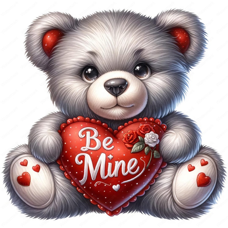 May include: A gray teddy bear holding a red heart-shaped pillow with the words "Be Mine" embroidered on it. The pillow has white and red roses and green leaves.