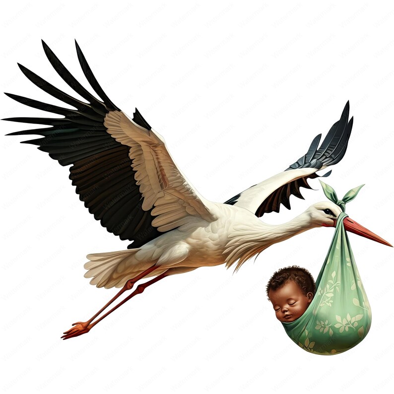 May include: A white stork with black wings flies with a green and white swaddled baby in its beak.