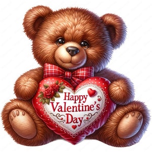 May include: A brown teddy bear holding a red heart-shaped pillow with the text "Happy Valentine's Day" in white. The pillow has a white lace border and red roses.