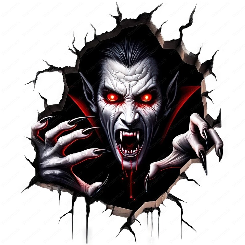 Puede incluir: Un vampiro con ojos rojos brillantes y dientes afilados emerge de una pared agrietada, con sangre goteando de su boca.