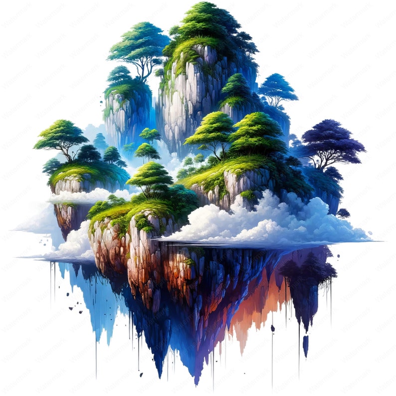May include: A digital painting of a floating island with lush green trees, rocky cliffs, and white clouds. The island is surrounded by a blue and white sky, and the water below is a deep blue.