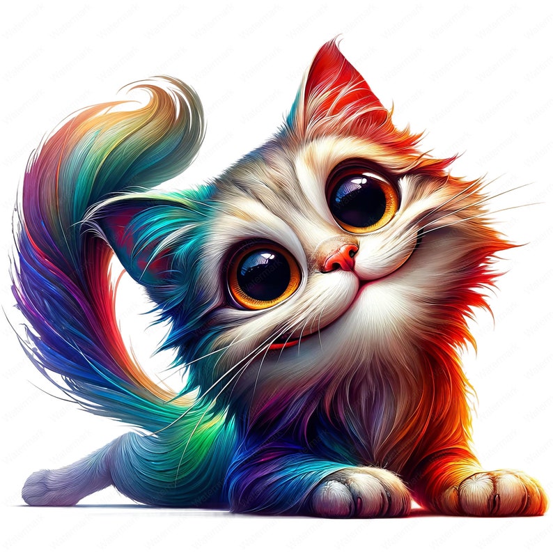 May include: A colorful, cartoon-style cat with large, expressive eyes. The cat's fur is a mix of rainbow colors, including red, orange, yellow, green, blue, and purple. The cat is lying on its belly with its head turned to the side, looking at the viewer with a playful expression.