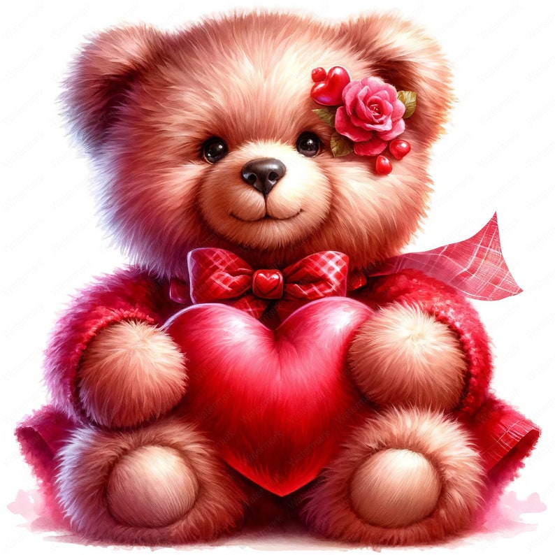 May include: A plush brown teddy bear wearing a red dress with a plaid bow and holding a large red heart. The bear has a red rose with a heart on its head.