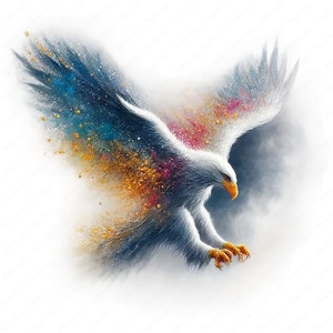 May include: A white eagle with a yellow beak and talons, flying with its wings spread wide. The eagle is surrounded by a colourful burst of blue, red, gold, and white paint splatters.