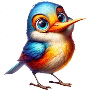 May include: A cartoon illustration of a small, colorful bird with large, round eyes. The bird has blue, orange, and red feathers and a long, orange beak. The bird is standing on a white background.