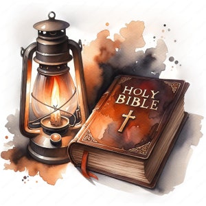 May include: Watercolor illustration of a vintage lantern with a lit candle next to a closed Holy Bible. The Bible is brown with gold lettering and a cross. The lantern is bronze and has a glass enclosure.