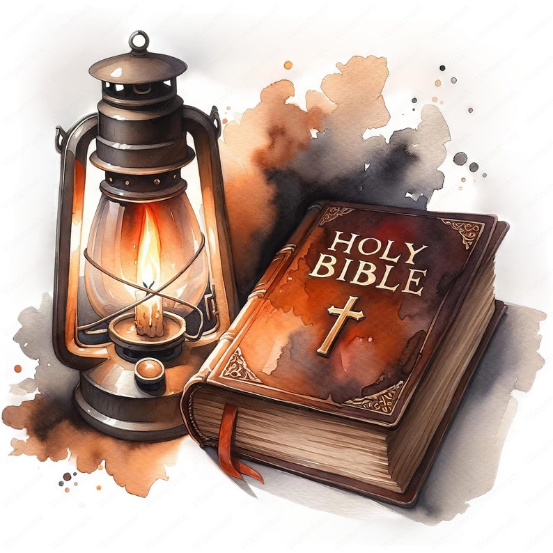 May include: Watercolor illustration of a vintage lantern with a lit candle next to a closed Holy Bible. The Bible is brown with gold lettering and a cross. The lantern is bronze and has a glass enclosure.