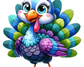 May include: A cartoon turkey with a blue head, pink cheeks, and large eyes. The turkey has a colorful tail with green, blue, and purple feathers.