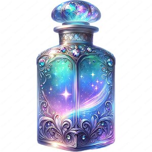 May include: A silver ornate bottle with a jeweled stopper, filled with a swirling blue and purple liquid with stars and a galaxy-like design.