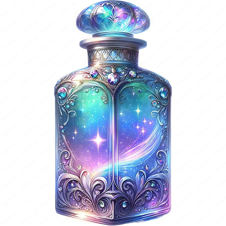 May include: A silver ornate bottle with a jeweled stopper, filled with a swirling blue and purple liquid with stars and a galaxy-like design.