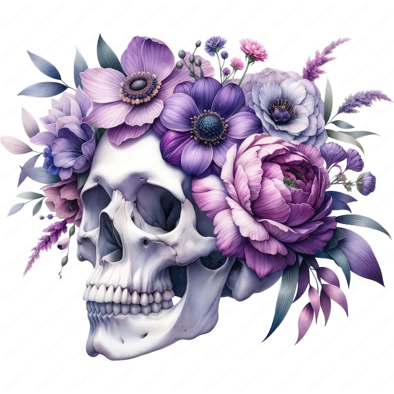 Puede incluir: Un cr&aacute;neo humano blanco con una corona de flores moradas, rosas y azules. Las flores est&aacute;n dispuestas en un c&iacute;rculo alrededor del cr&aacute;neo y las hojas son verdes.