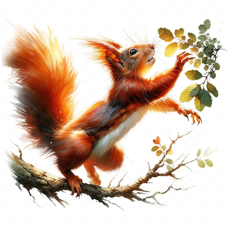 May include: A vibrant illustration of a squirrel with reddish-brown fur, perched on a tree branch. The squirrel reaches for leaves with its paws, showcasing its bushy tail and detailed fur texture. The artwork has a watercolor style.