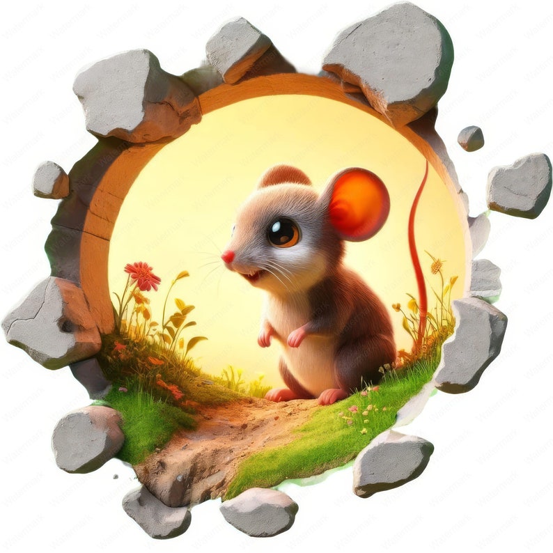 May include: A cute cartoon mouse peeking out of a hole in a wall. The mouse is brown and gray with big eyes and a pink nose. It is standing on a patch of green grass with flowers.