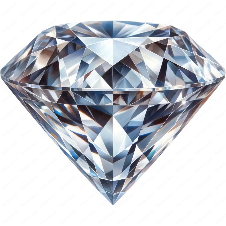 May include: A large, clear, faceted diamond with a brilliant cut. The diamond is reflecting light and has a sparkle.