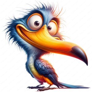 May include: A cartoon toucan with a large, bright yellow beak and blue and orange feathers. The toucan has a wide, toothy grin and large, round eyes.