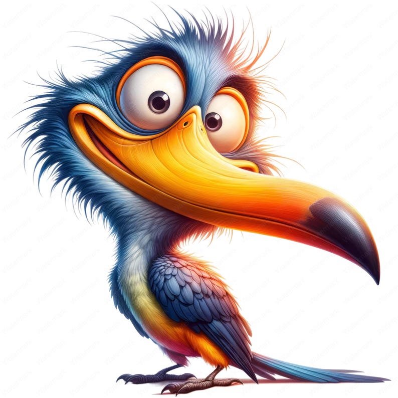 May include: A cartoon toucan with a large, bright yellow beak and blue and orange feathers. The toucan has a wide, toothy grin and large, round eyes.