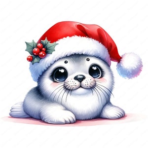 May include: A white seal wearing a red Santa hat with a green holly sprig and red berries. The seal has big, blue eyes and a sweet expression.