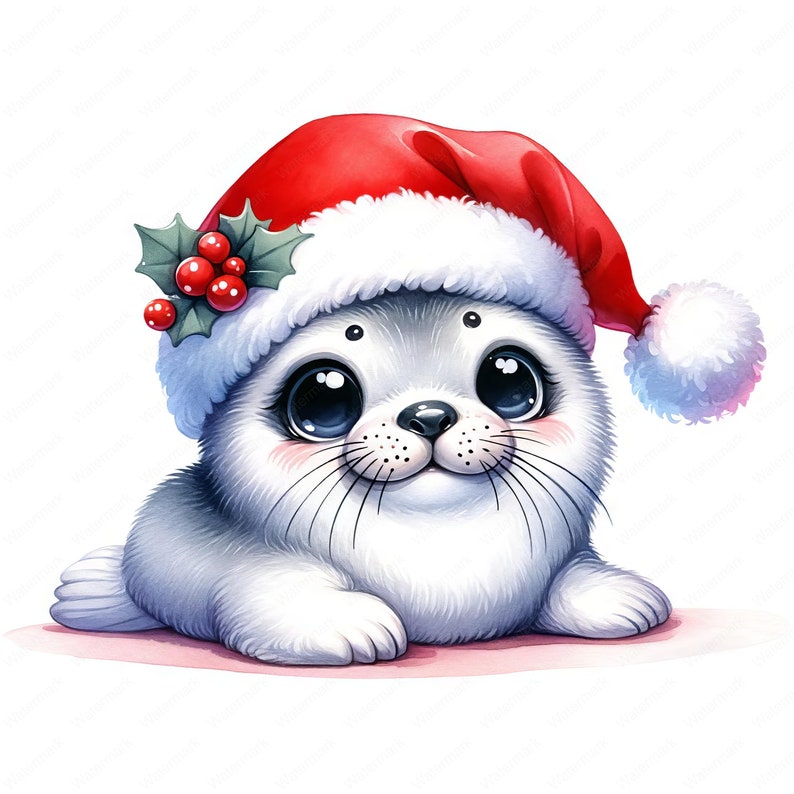 May include: A white seal wearing a red Santa hat with a green holly sprig and red berries. The seal has big, blue eyes and a sweet expression.