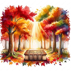 May include: Watercolor painting of a forest scene with vibrant autumn colors. Red, orange, and yellow leaves adorn the trees. A detailed, closed book with ornate designs rests on the ground, bathed in sunlight.