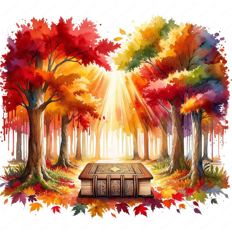 May include: Watercolor painting of a forest scene with vibrant autumn colors. Red, orange, and yellow leaves adorn the trees. A detailed, closed book with ornate designs rests on the ground, bathed in sunlight.