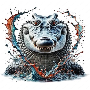 May include: A close-up of a crocodile's head with a menacing expression, surrounded by splashes of blue, orange, and red paint.