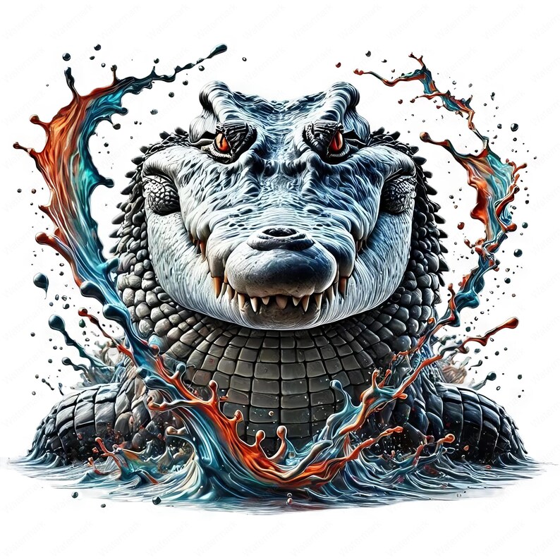 May include: A close-up of a crocodile's head with a menacing expression, surrounded by splashes of blue, orange, and red paint.