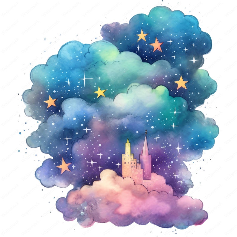 May include: Watercolor illustration of a whimsical castle nestled in a dreamy cloudscape. The artwork features a palette of blues, purples, and pinks, with golden stars scattered across a starry sky. The castle has a tall, pointed tower.